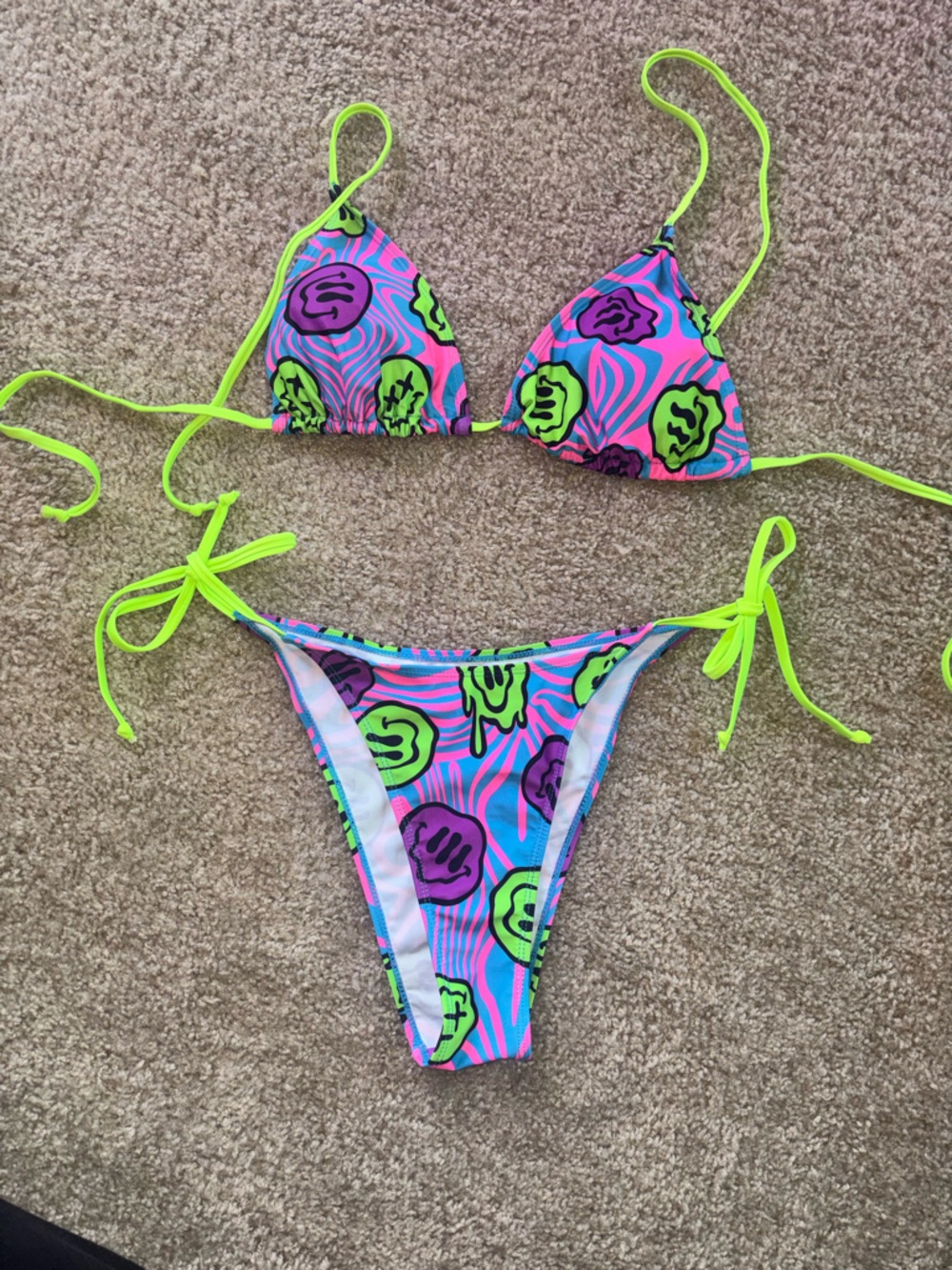SHEIN Neon Pink & Blue Tie-Side Bikini with Lime and Purple Accents